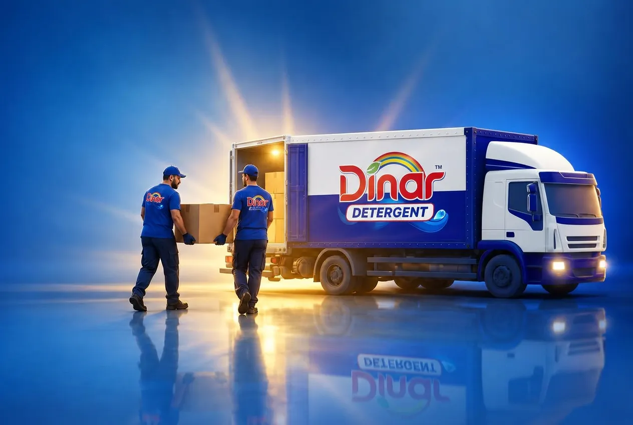 Two Dinar team members loading cartons into a white and blue Dinar Detergent truck
