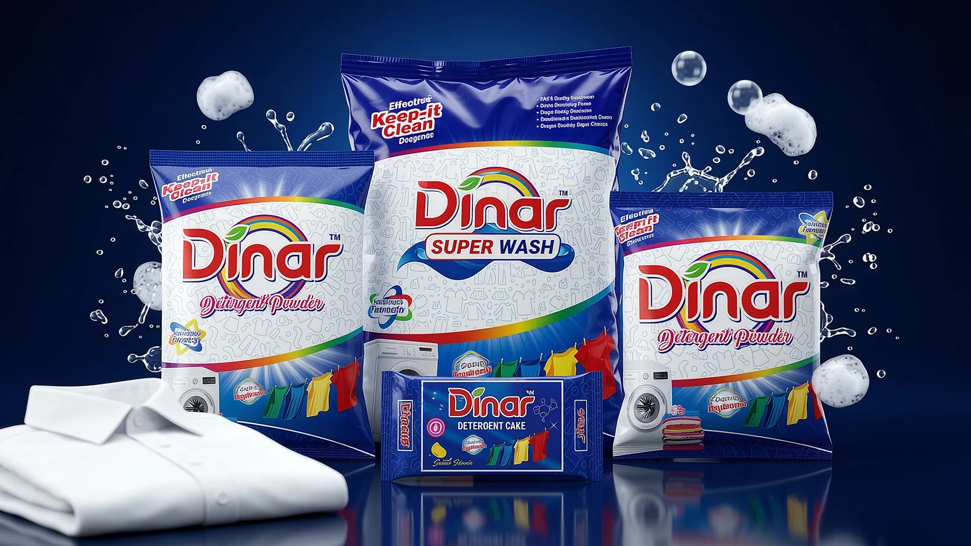 Dinar Super Wash, Detergent Powder and Detergent Cake packs among soap bubbles and splashes