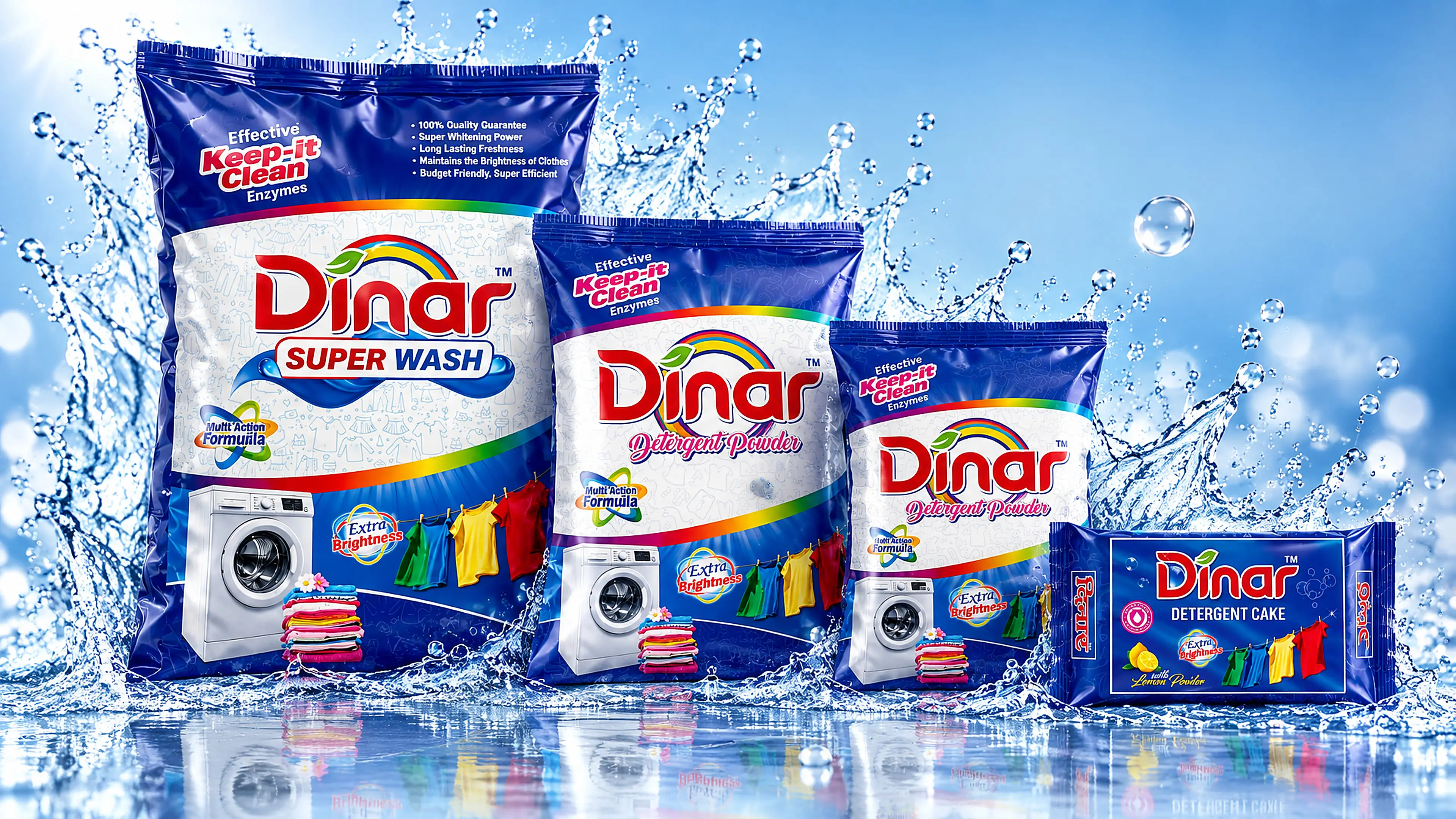Dinar Super Wash, Detergent Powder and Detergent Cake packs in a splash of water